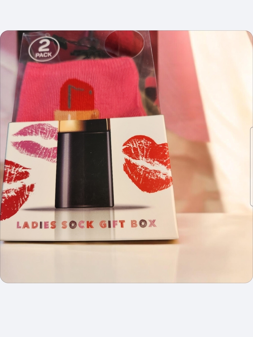 Ladies Sock Gift Box - Pink Lipstick Design (2 Pack)